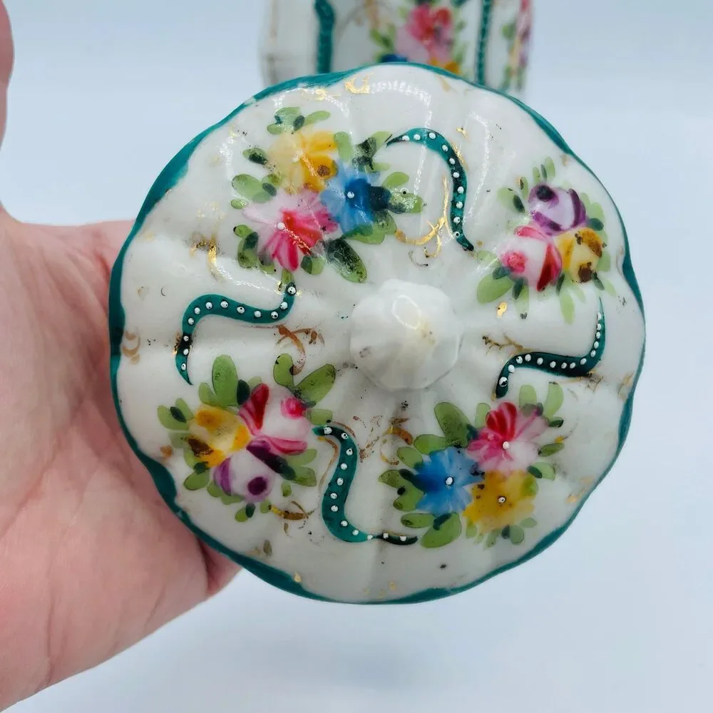 Vintage Porcelain Hot Chocolate Pot Pitcher With Lid Hand Painted Floral Green